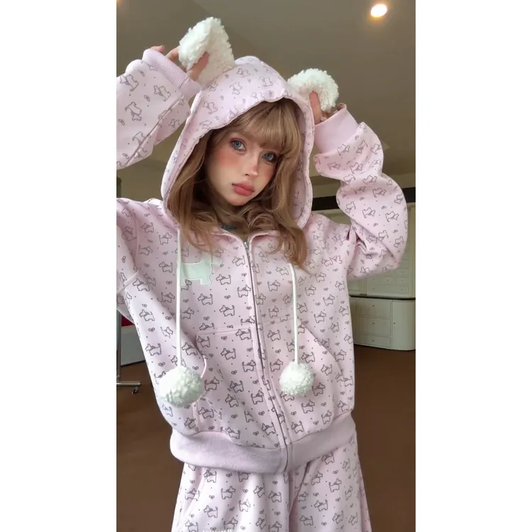 毛茸茸耳朵连帽拉链卫衣睡衣女秋季新款可外穿家居服长袖长裤套装