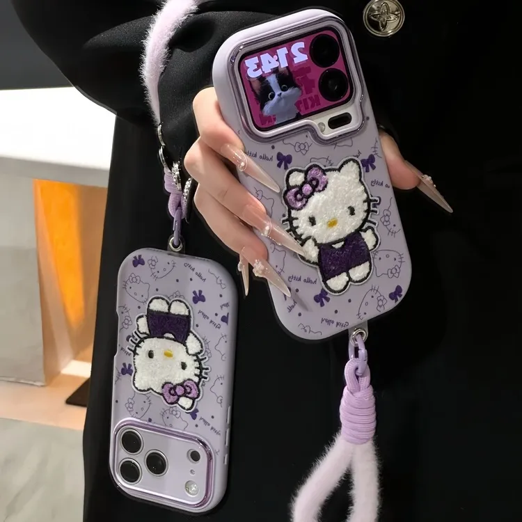 香芋紫KT刺绣贴挂绳适用苹果16/17promax手机壳华为vivoppo小米14