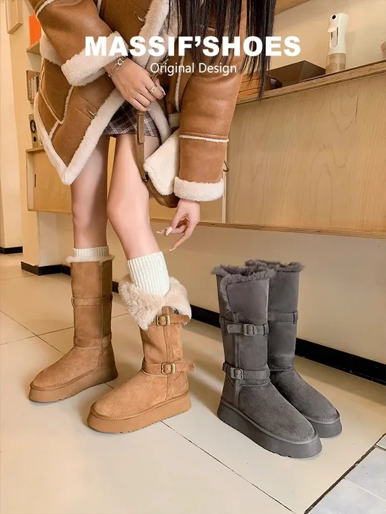 灰色长筒雪地靴女2025冬季新款厚底增高加绒加厚高筒保暖棉鞋子