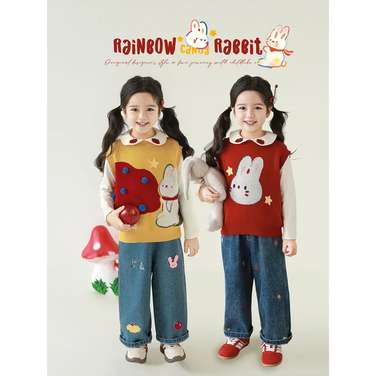 幼悠女童秋装兔子羊毛混纺毛衣提花马甲可爱超萌儿童衣服潮Q4423