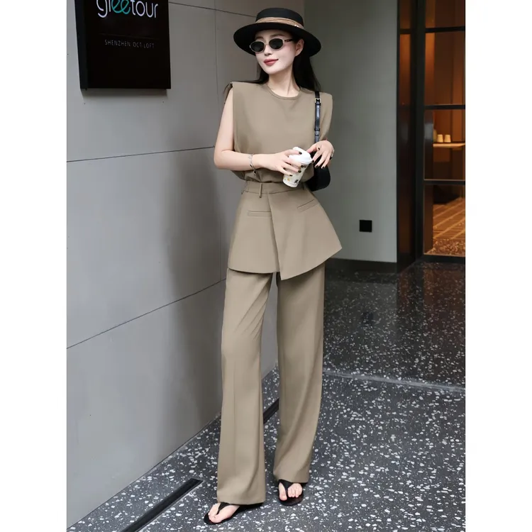 A395 时尚套装2025新款夏季无袖马甲T恤西装裙裤轻奢气质两件套