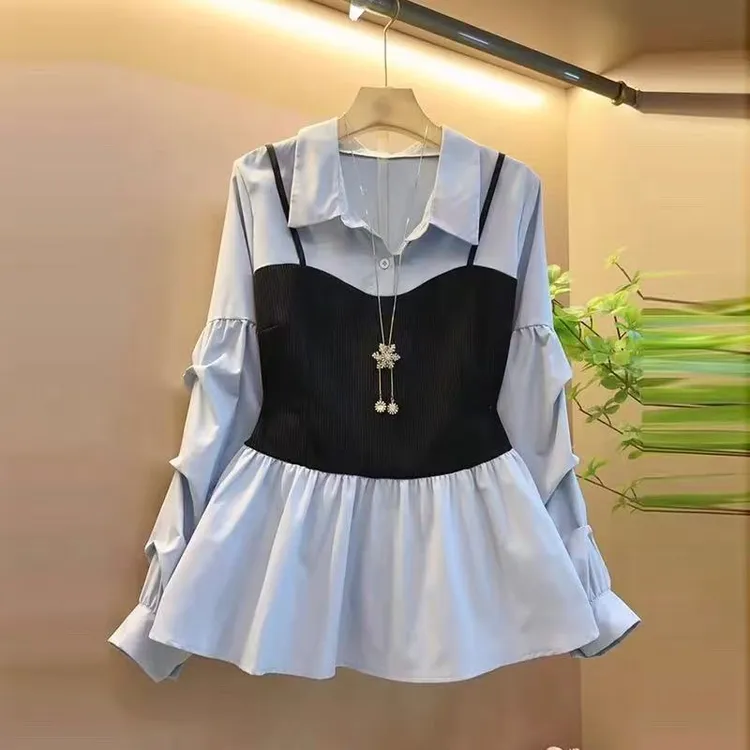 PDM-713新款翻领拼接假两件泡泡袖上衣设计感胖mm宽松洋气小衫潮