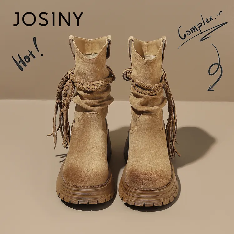 卓诗尼棕色靴子女款2025秋冬新款复古超火小短靴美拉德流苏马丁靴
