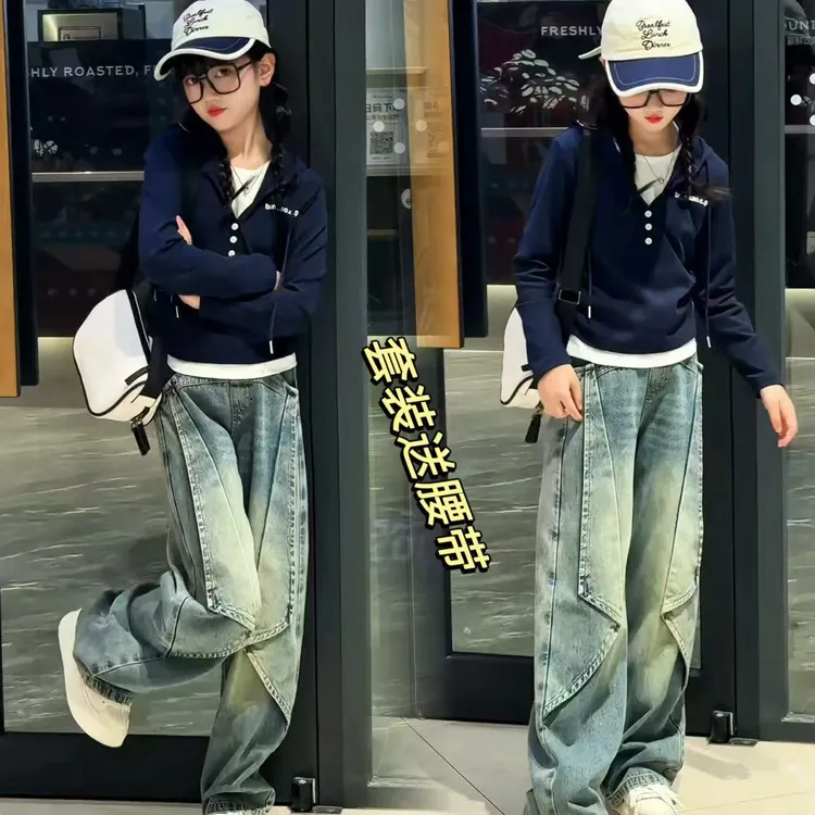 女童秋装韩系连帽假两件套长袖T恤时髦洋气儿童潮流外套牛仔套装