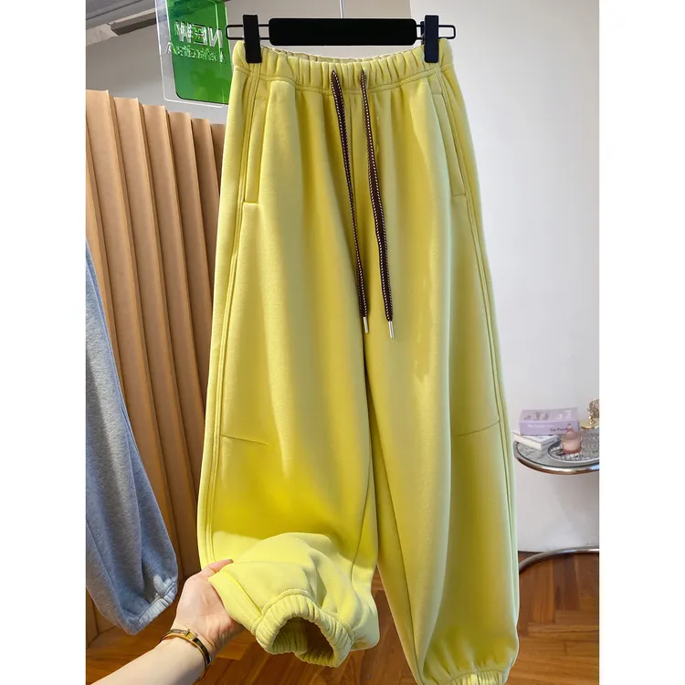 胖妹妹240斤大码韩系宽松休闲加绒束脚卫裤女秋冬宽松加厚哈伦裤