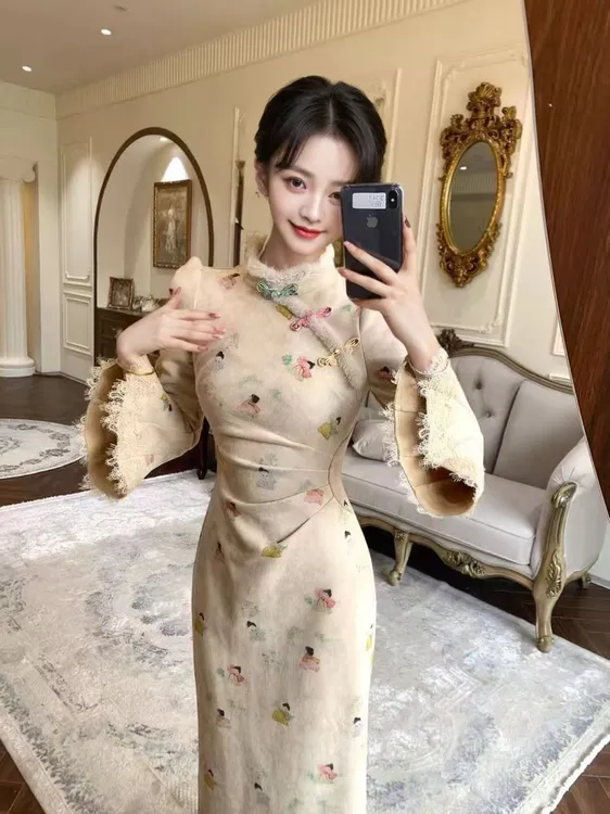 【运补6】678#新中式国风长袖连衣裙女秋冬新款收腰显瘦旗袍裙