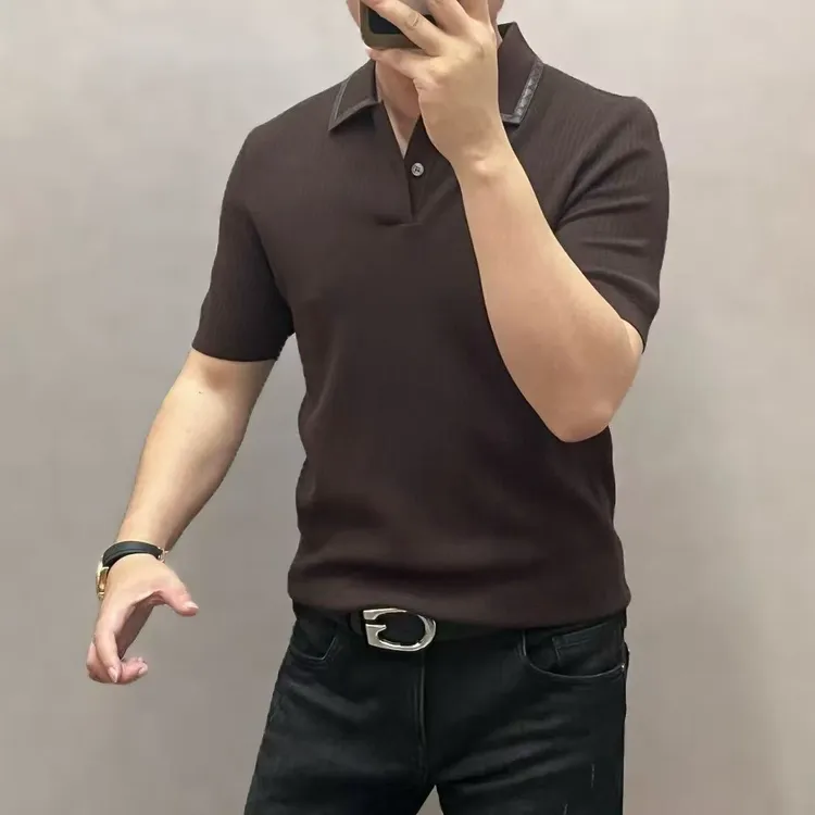 新款高端男士时尚简约小v翻领短袖针织89753