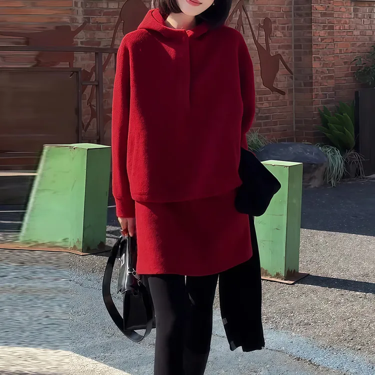 高级感秋冬韩版时尚套装女2025新款连帽针织衫气质漂亮短裙两件套