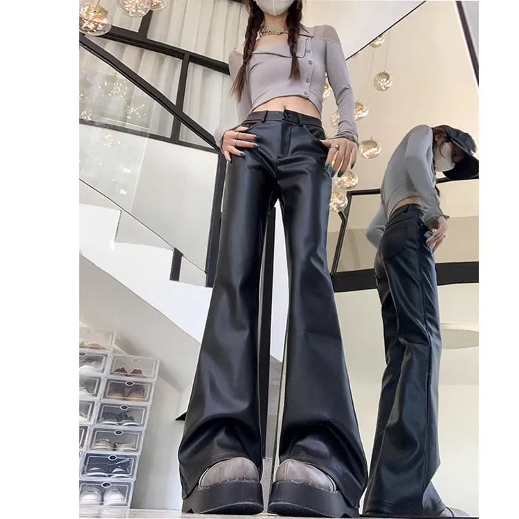 小个子微喇加绒皮裤女冬季新款PU皮休闲裤直筒辣妹黑色喇叭拖地裤
