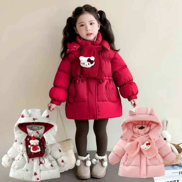 加绒加厚款女宝女童中长款棉袄中国红女童棉服 卡通女孩棉衣外套