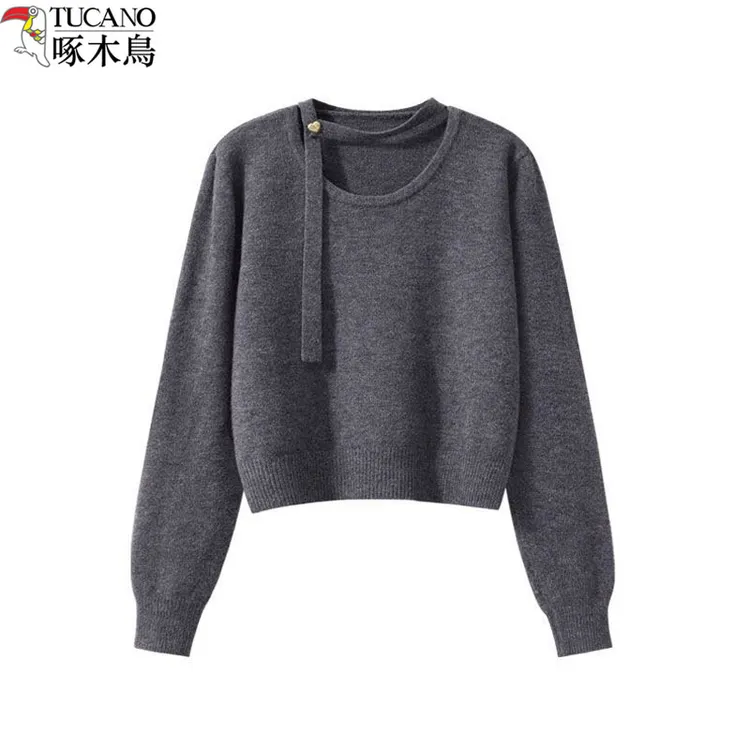 啄木鸟秋冬新款毛衣女设计感挂脖飘带圆领针织衫针织打底衫上衣