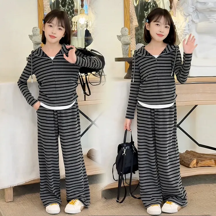 女童秋季套装2025新款假两件条纹上衣阔腿裤儿童休闲两件套2507