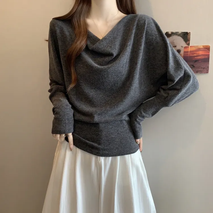 大码女装遮肚子荡领正肩长袖针织衫女秋冬胖妹妹修身显瘦内搭上衣