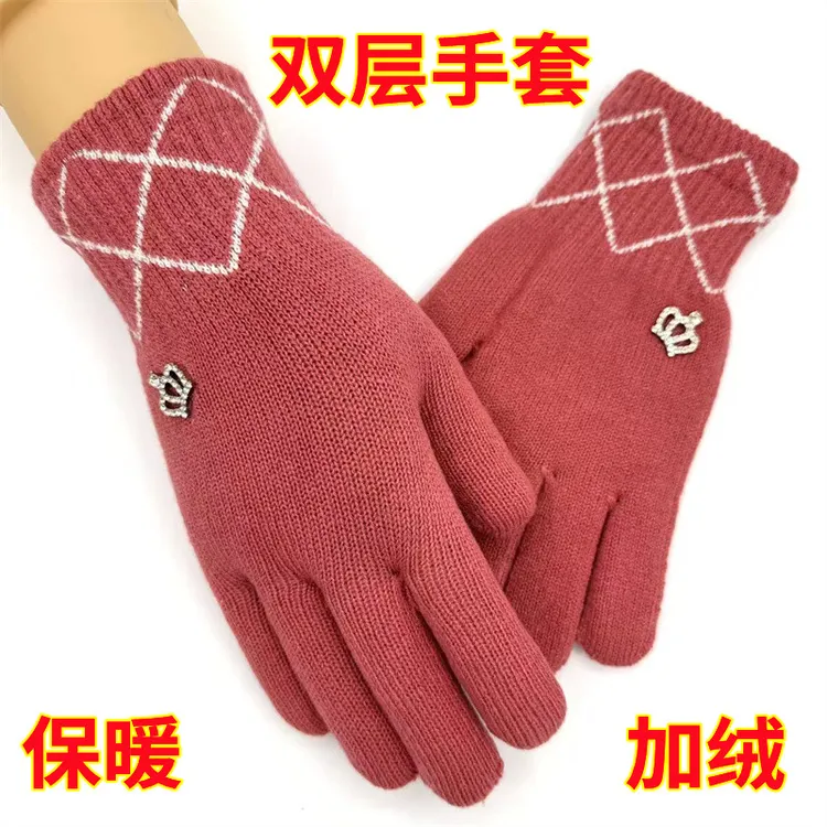 女士手套冬季双层加厚加绒防寒针织毛线手指简约户外骑行保暖手套