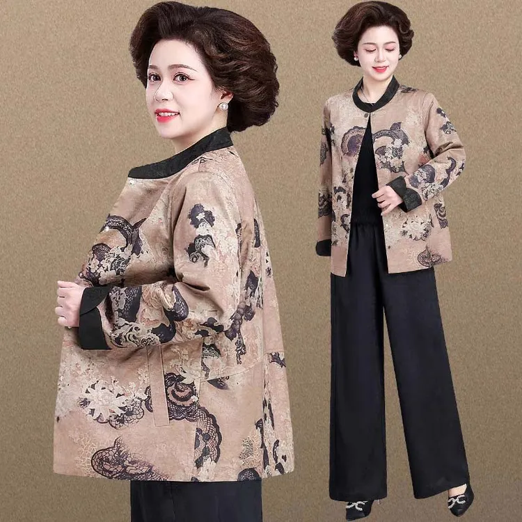妈妈春装高端国风印花套装洋气中老年女春秋款外套贵夫人上衣大码