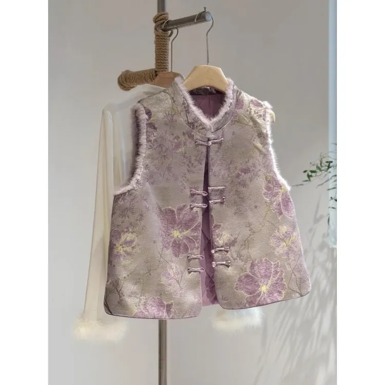 新中式国风盘扣提花宋锦夹棉加厚马甲女2025秋冬新款高端大气马夹