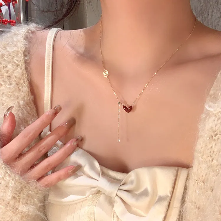 铜合金合成锆石项链 爱心项链女甜美小众设计感温柔百搭锁骨链X01