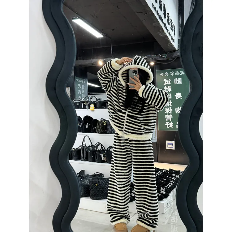 厚款条纹睡衣松紧带家居服套装条纹阔腿裤家居服秋冬套装