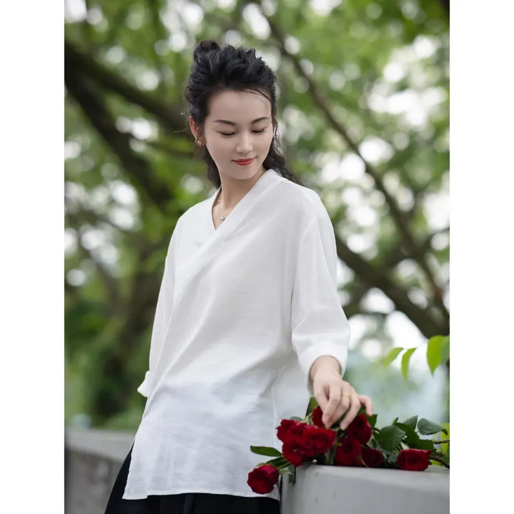 原创通勤文艺休闲茶艺禅修天丝亚麻七分袖衬衫新款百搭气质款女装
