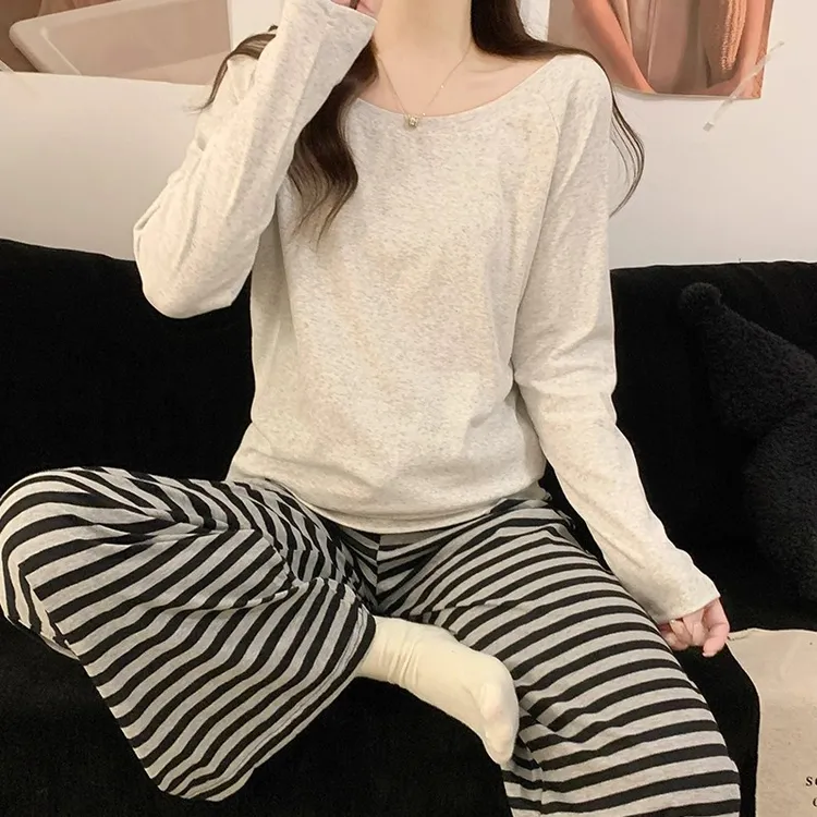 纯棉睡衣女春秋季2025新款长袖慵懒风女士甜美条纹圆领家居服套装