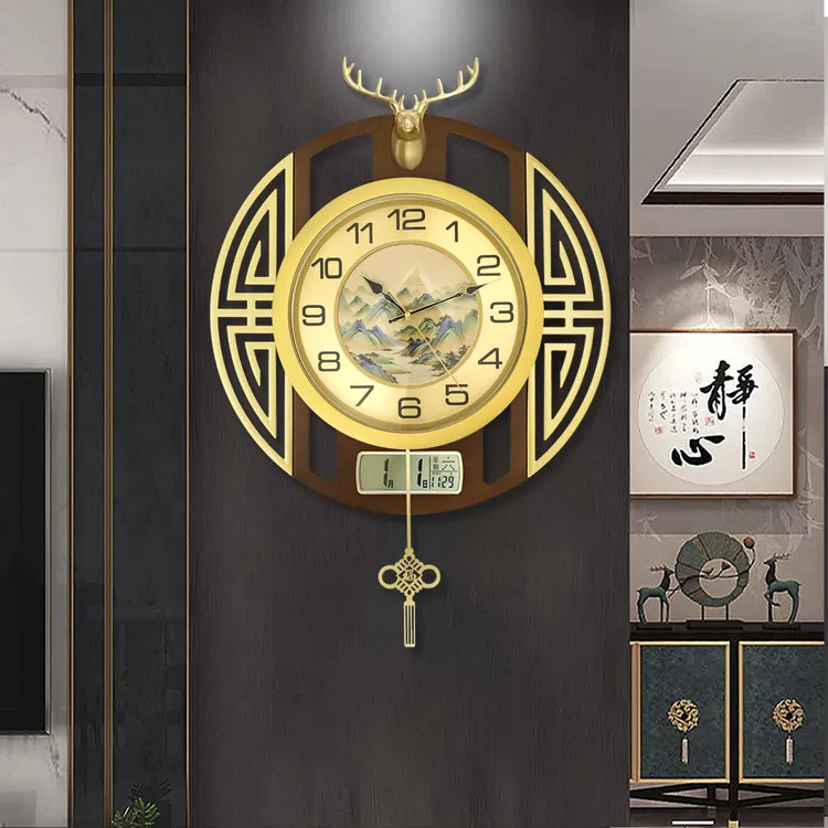 新中式轻奢创意挂钟客厅家用免打孔时尚大气石英钟新款圆形大挂表