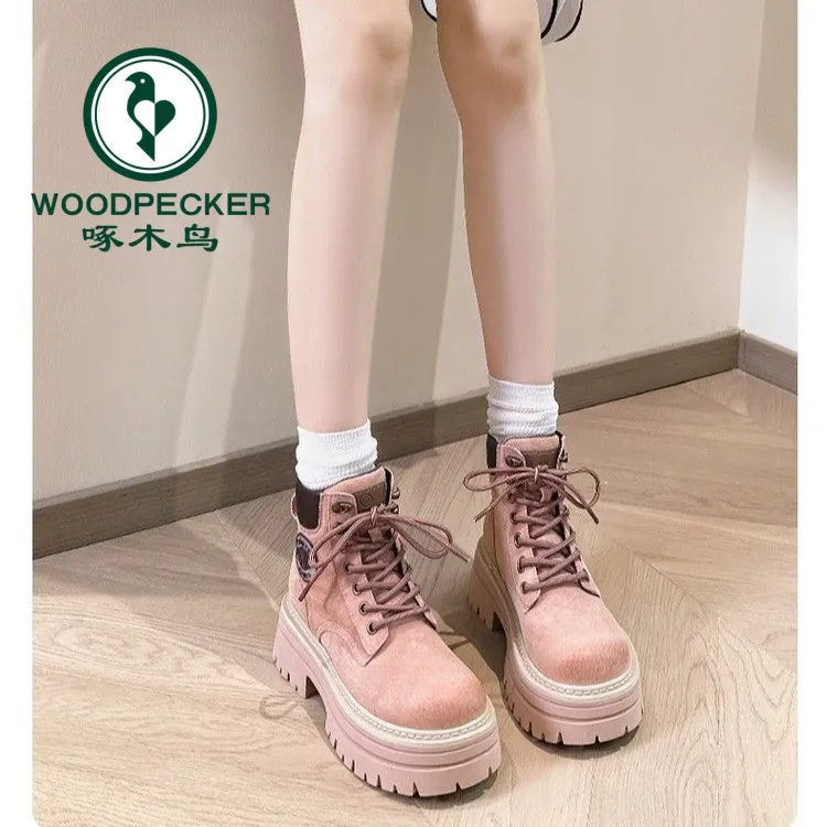 啄木鸟粉色马丁靴女小个子秋冬新款登山鞋厚底百搭大黄靴高跟短靴