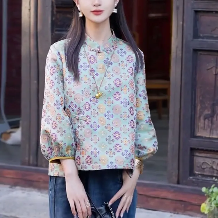 早秋新款宽松显瘦遮肉八分袖小衫印花复古国风新中式圆领套头上衣