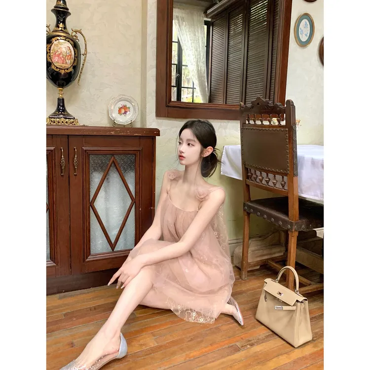 【月光芭蕾】纯欲仙气飘飘花朵网纱吊带裙连衣裙显瘦气质辣妹短款