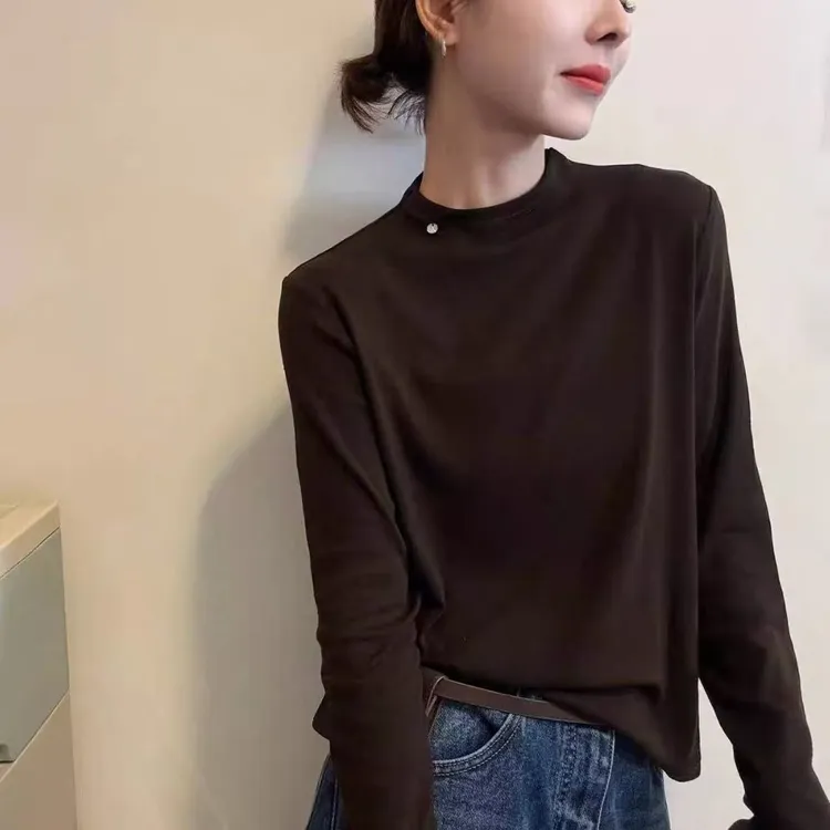 冬季新款加厚拉毛小领打底T