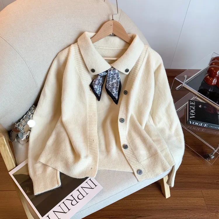 自留款推荐~丝巾翻领系带针织背心女秋季新款披肩开衫叠穿两件套