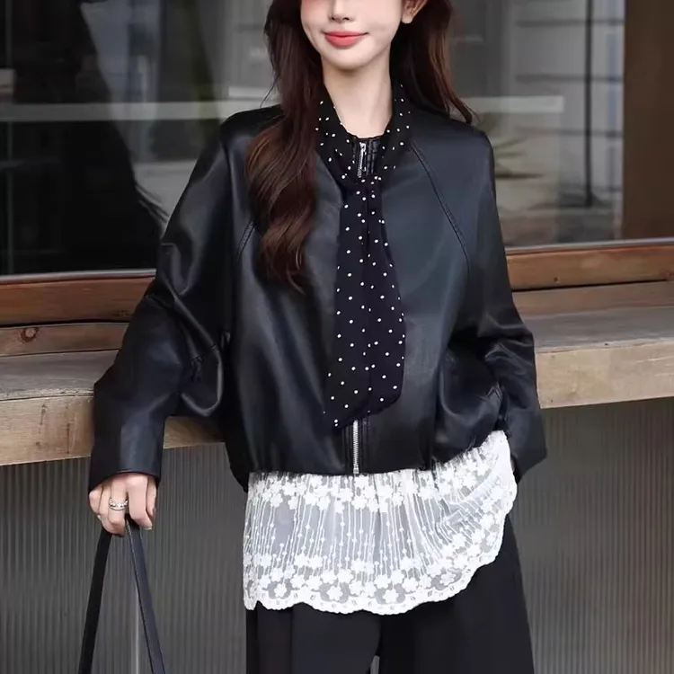 圆领丝巾皮衣外套女2025秋季新款时尚复古网红夹克气质百搭上衣潮