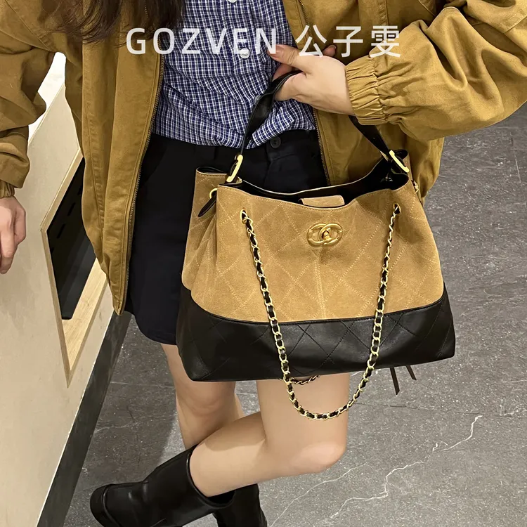 【公子雯】2025秋冬新款小香风菱格链条托特包麂皮牛皮单肩斜挎包
