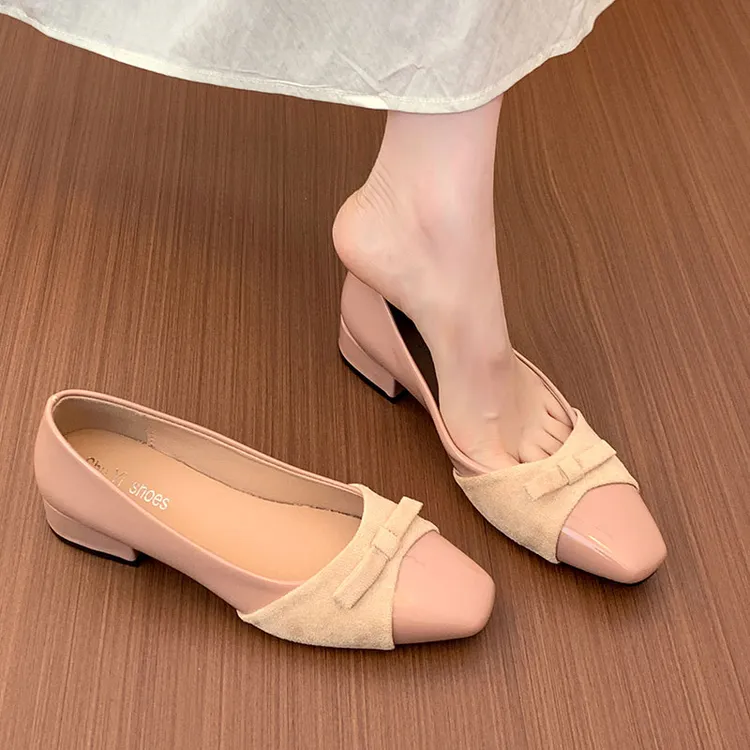 法式裸色气质粗跟单鞋女2025新款漆皮蝴蝶结舒适软底通勤中跟女鞋