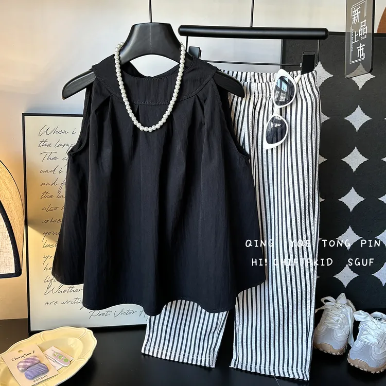 【25夏季上新】女童无袖套装甜酷风条纹韩版时尚两件套黑色显瘦
