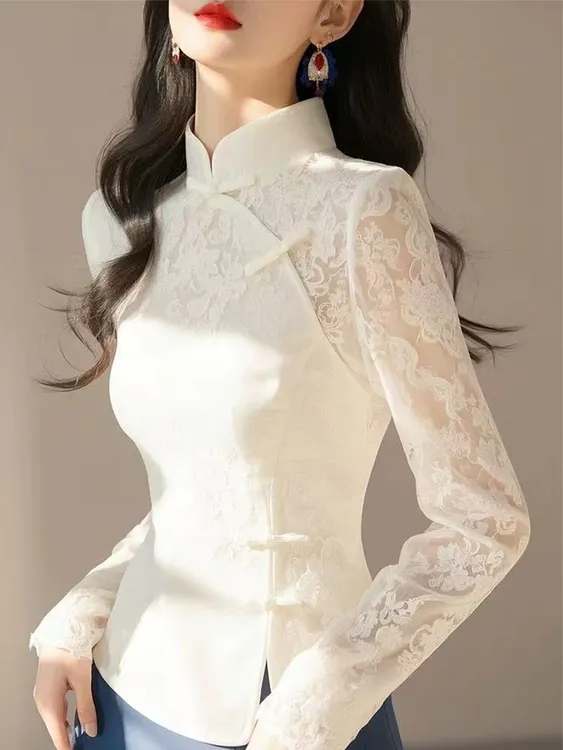 SS800春漂亮小众轻奢减龄洋气高级感新中式国风白色蕾丝盘扣衬衫