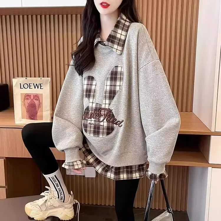 假两件格子卫衣女春薄款宽松中长款特大码胖mm显瘦刺绣上衣冬加绒