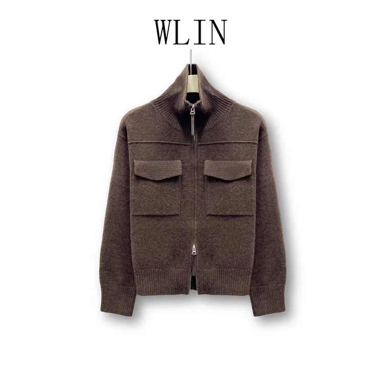 WLIN 百分百绵羊毛口袋拉链立领翻领女士针织衫WL88019