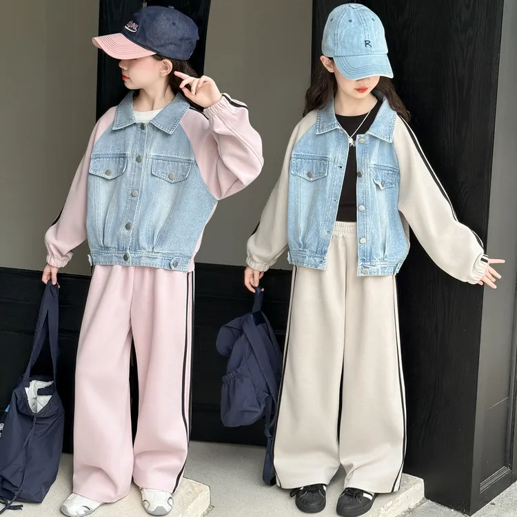 童装女童6-12岁潮流套装秋款2025新款韩版牛仔拼接春秋女孩两件套