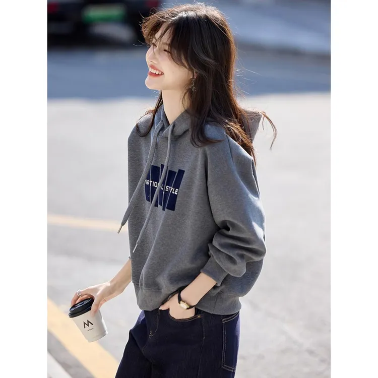 抽绳印花连帽卫衣女秋季2025新款宽松休闲帽衫小个子百搭显瘦上衣