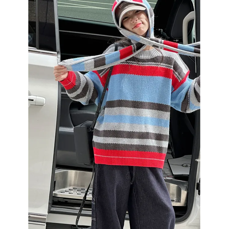 K29741孙小美慵懒女童毛衣2025秋冬装新款儿童条纹上衣春秋针织衫