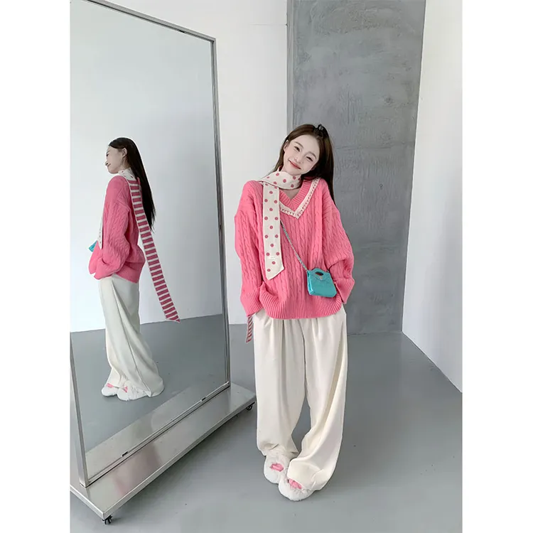 韩系高品显白减龄麻花编蕾丝领有慵懒风休闲宽松毛衣显瘦短裤长裤