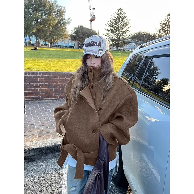 金敏喜同款呢子大衣女2025冬季加厚小个子咖色短款毛呢外套高级感