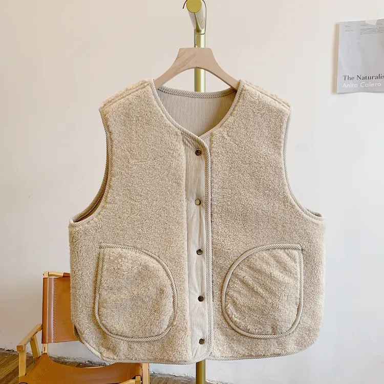 小暖炉Y3257圆领灯芯绒拼接毛绒马甲