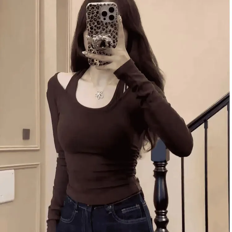 纯欲风甜辣妹挂脖假两件长袖打底衫女春秋季新款修身短款上衣T恤