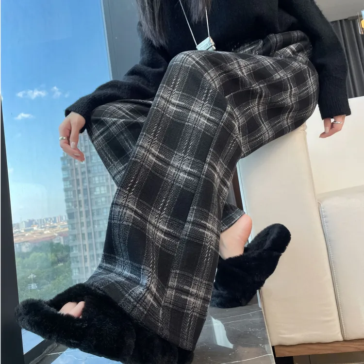 复古格子阔腿裤女2025新款春秋季宽松休闲高腰垂感窄版直筒休闲裤
