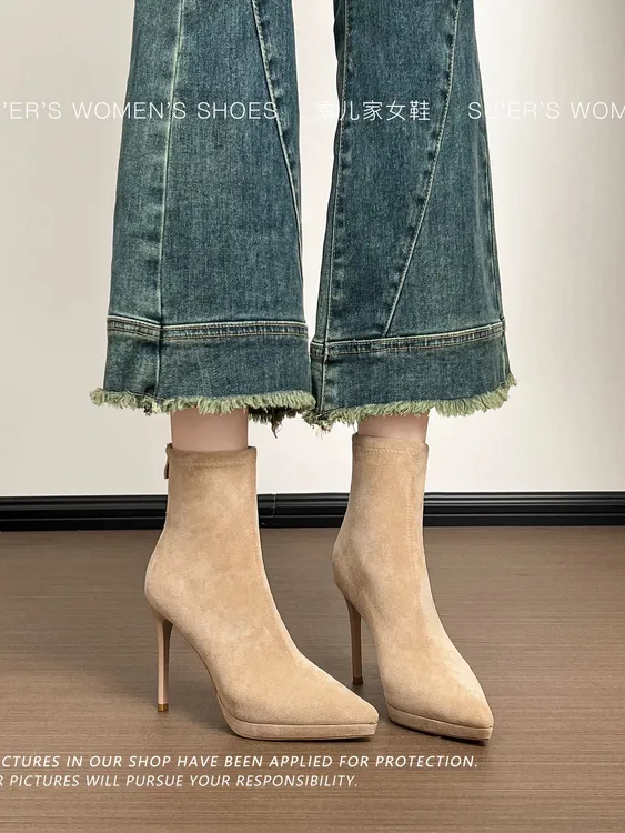 法式裸色尖头防水台绒面细跟短靴超火高跟弹力瘦瘦靴子女款加绒