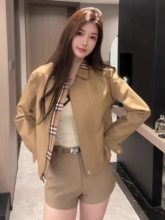 东京日落高品质版早秋短款风衣夹克定制卡其色格子小外套港风女装