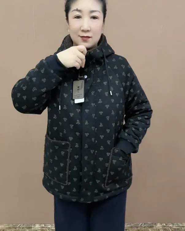 《专柜品质》5气质连帽拉链中长款中老年女装圆点保暖加厚冬棉服