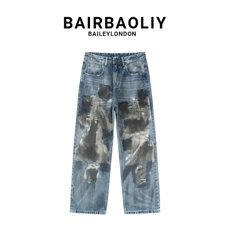 BAIRBAOLIY重工破洞做旧脏脏牛仔裤男款日系街拍废土风直筒长裤