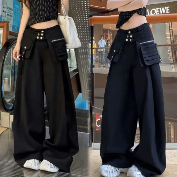美式炸街帅气假两件阔腿裤2025夏季百搭宽松显瘦垂感拖地裤休闲裤
